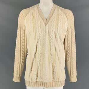 Fall Winter 2011 Size XL Cream Cable Knit Wool / Cashmere V-Neck Sweater